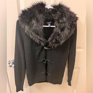 CHAPS black knit sweater with removable fur collar